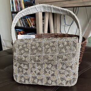 Chic Beaded Shoulder Bag in Cream and Tan